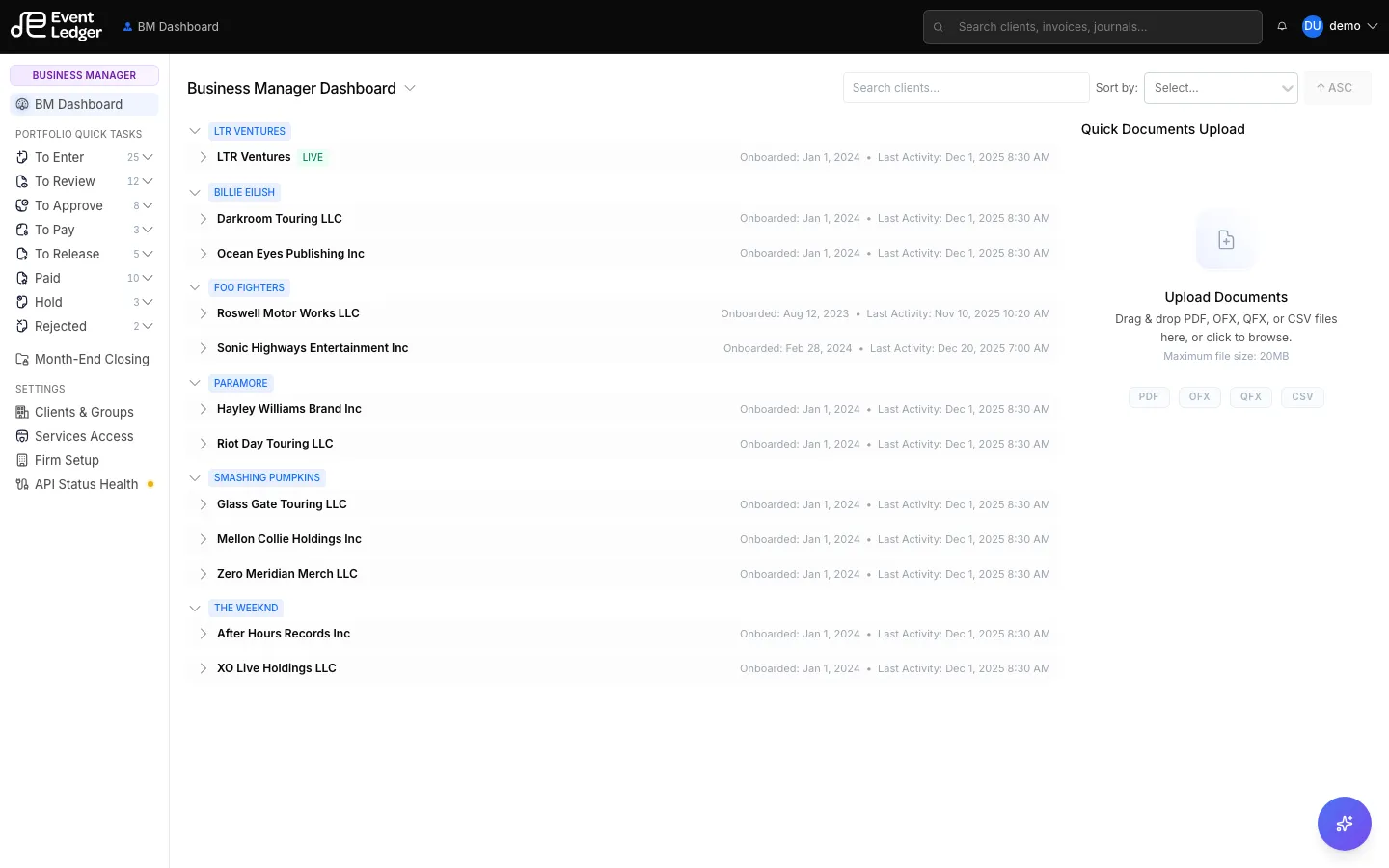 Business Manager Dashboard with Quick Documents Upload