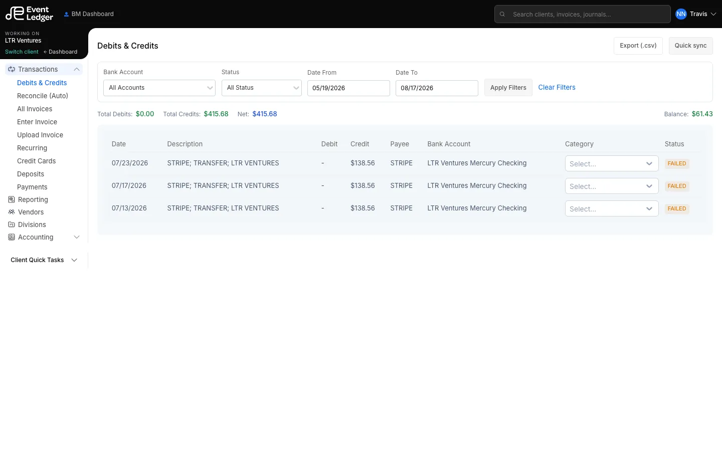 Debits &amp; Credits page with Transactions menu open, filters, balances, and the bank feed