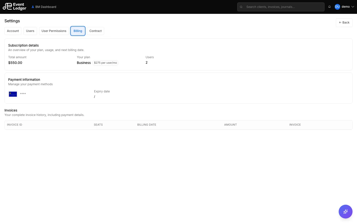 Settings Billing tab with Business plan, seats, and card on file
