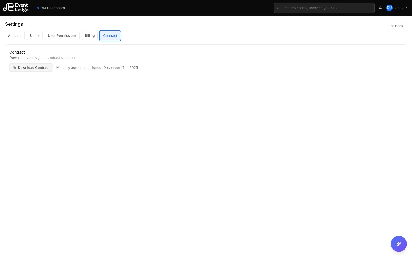 Settings Contract tab with Download Contract