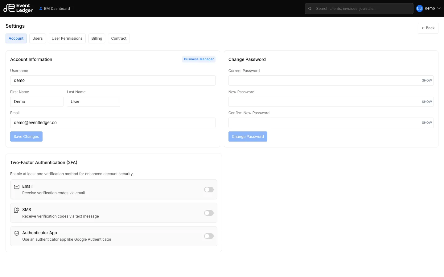 Settings Account tab