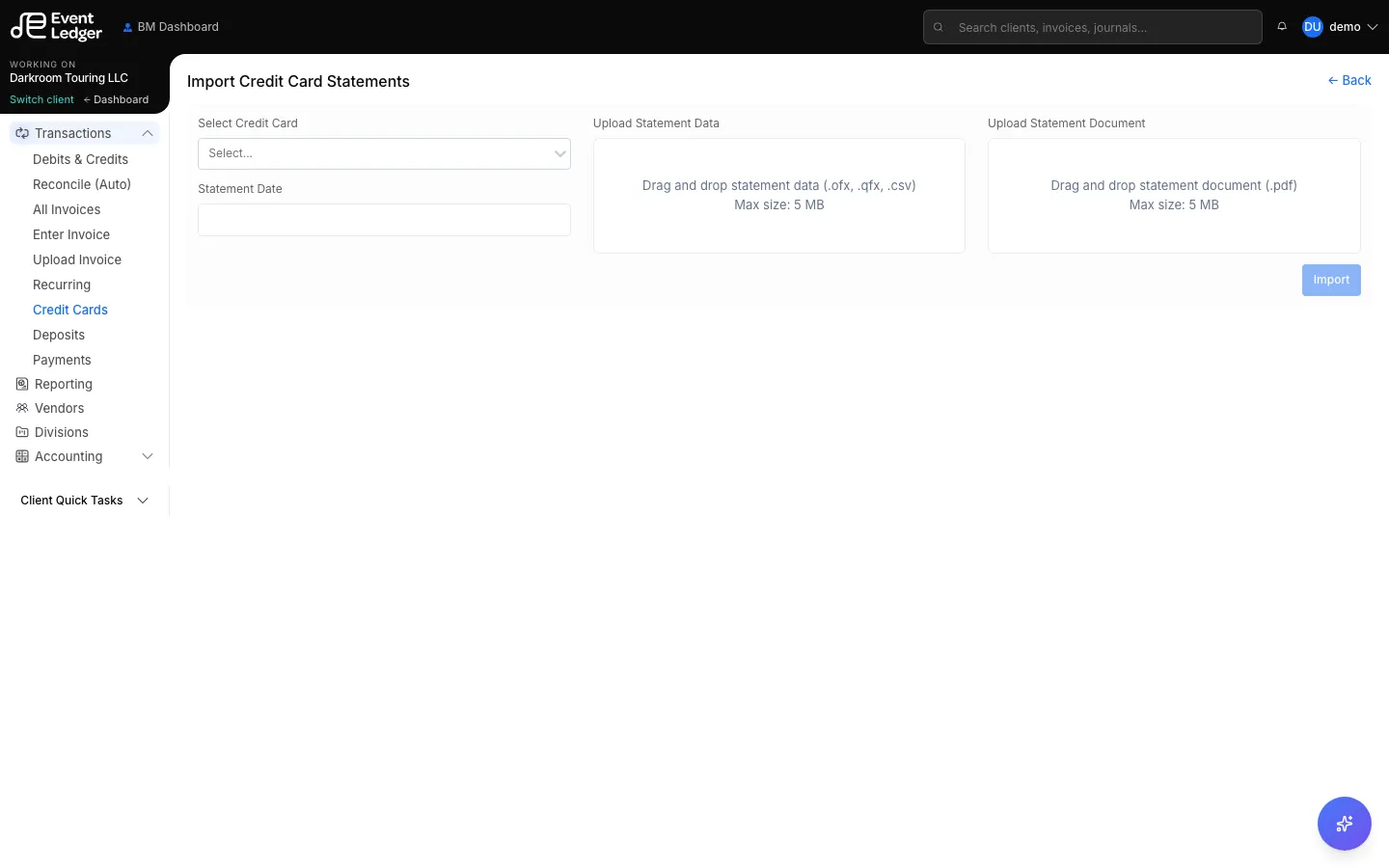 Import Credit Card Statements form with card, date, and file drop zones
