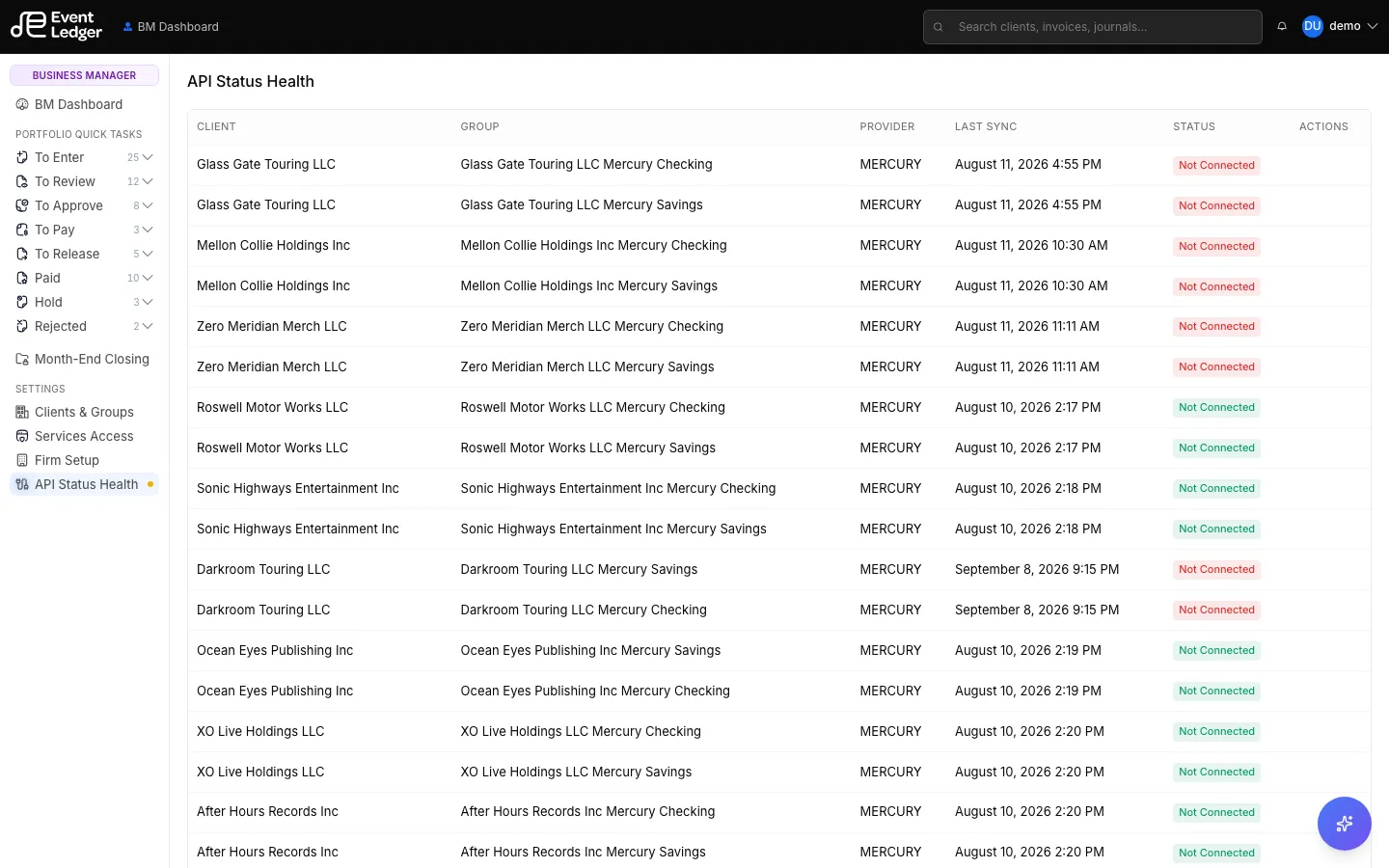API Status Health table of client Mercury connections