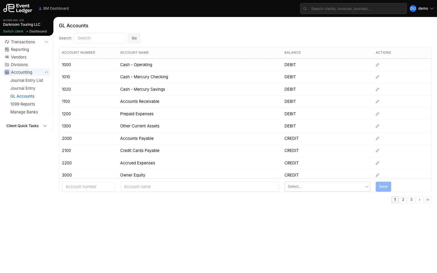 Chart of accounts / GL Accounts