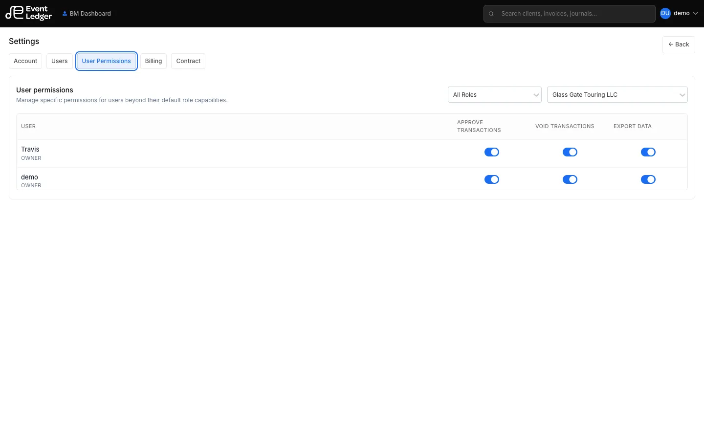 User Permissions toggles for Approve, Void, and Export