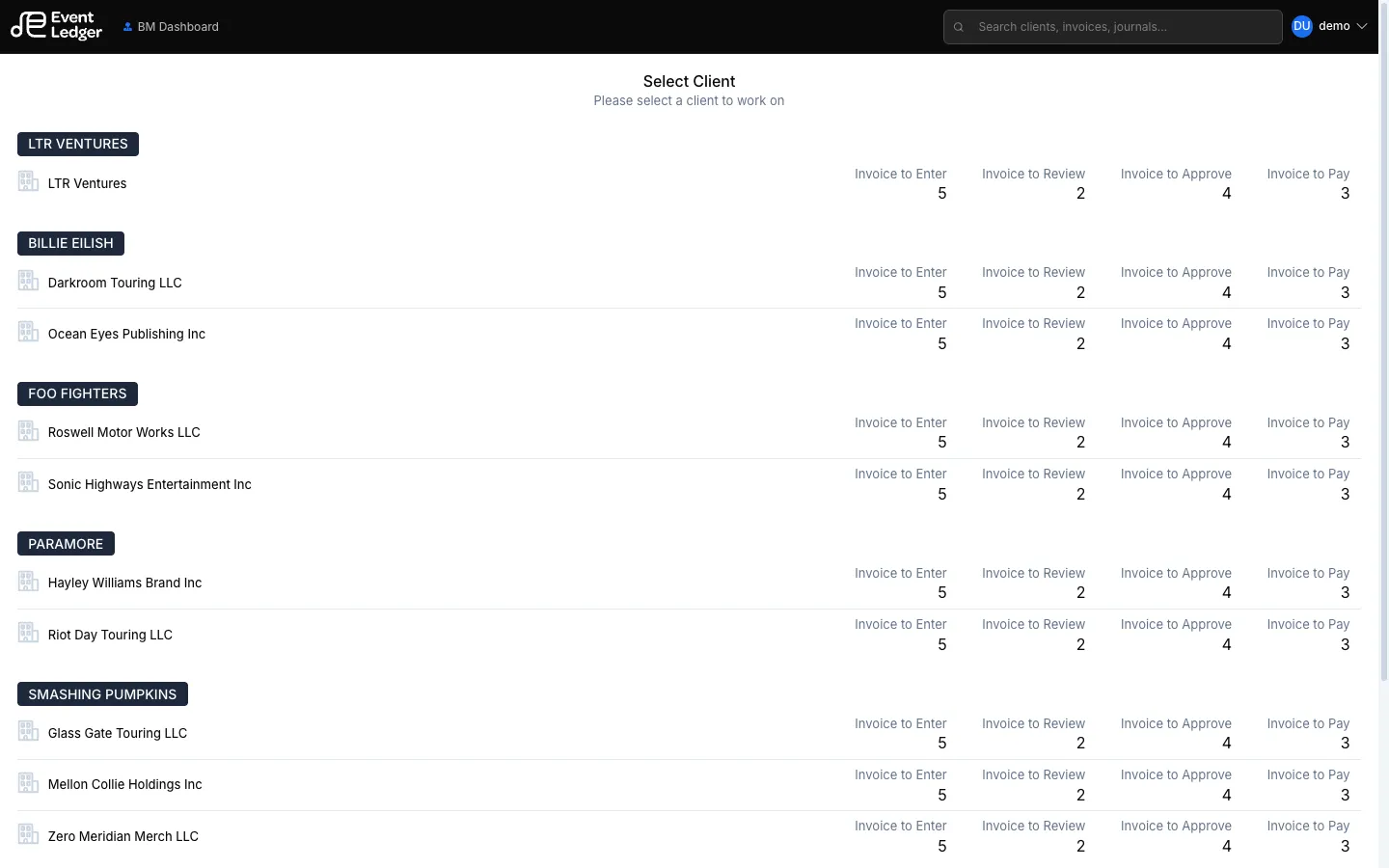 Select Client grid with seeded artist entities and invoice queues