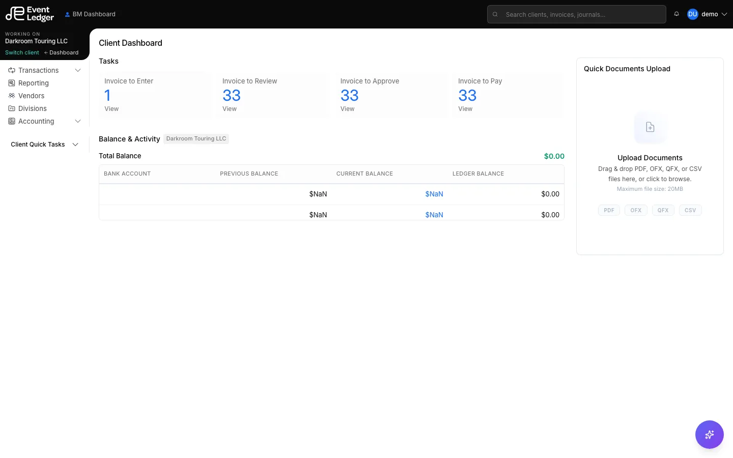 Client Dashboard with Quick Documents Upload