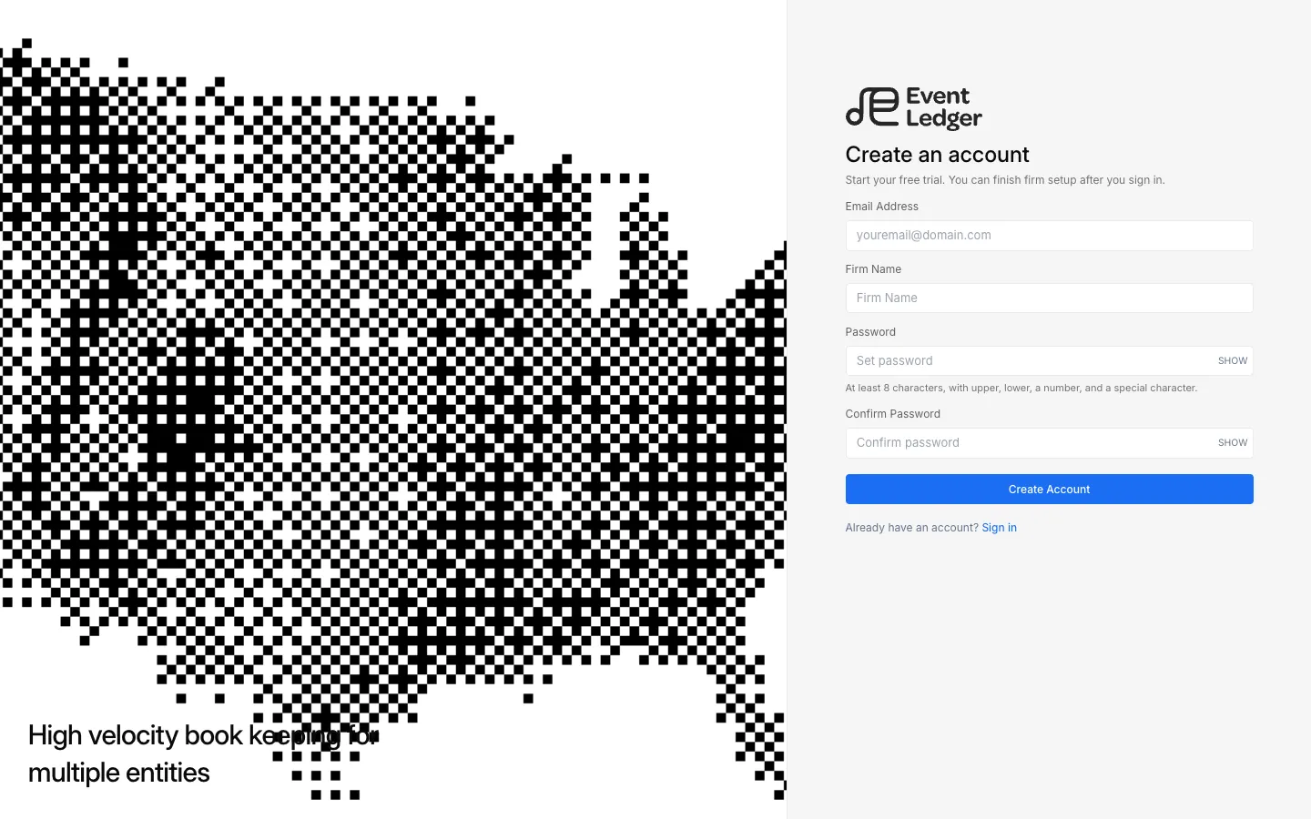 Create an account form for email, firm name, and password