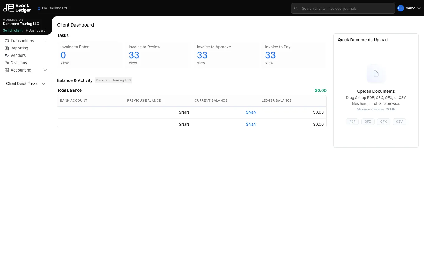 Client Dashboard for Darkroom Touring LLC with tasks and balances