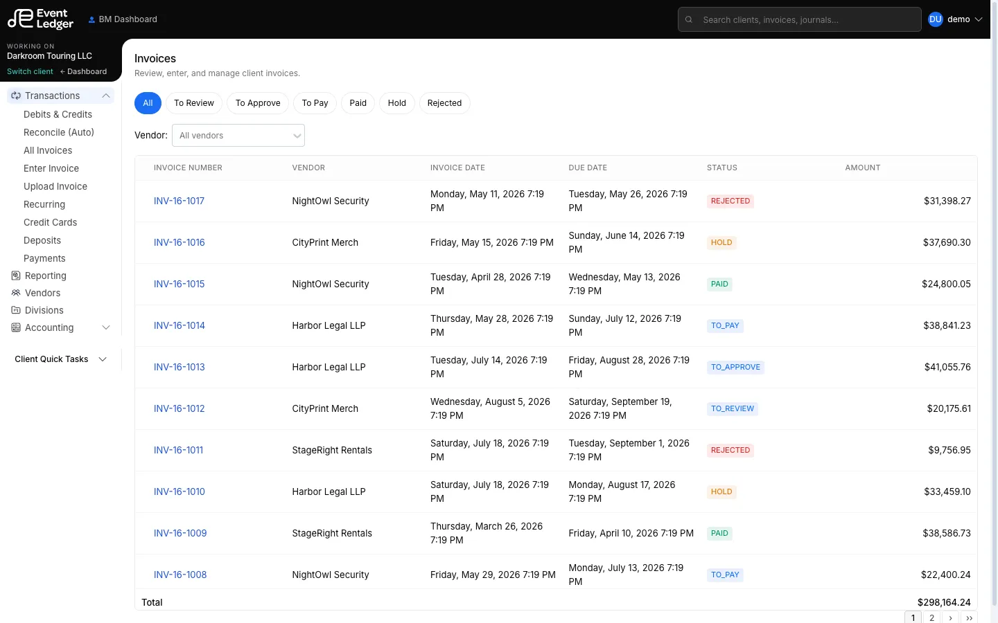 Invoices list with status filters and seeded vendor bills