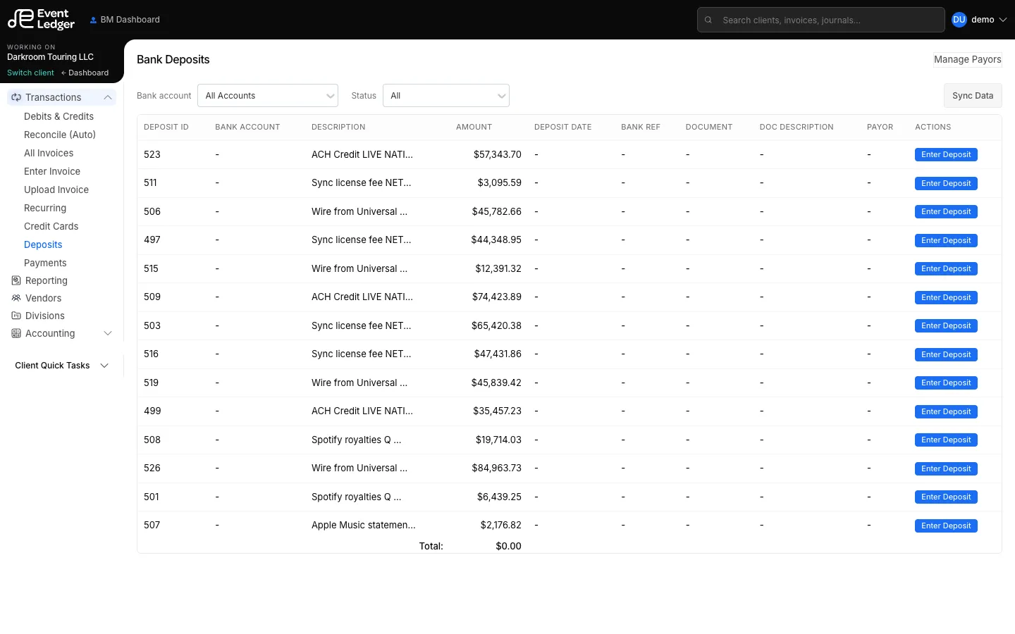 Bank Deposits for Darkroom Touring LLC