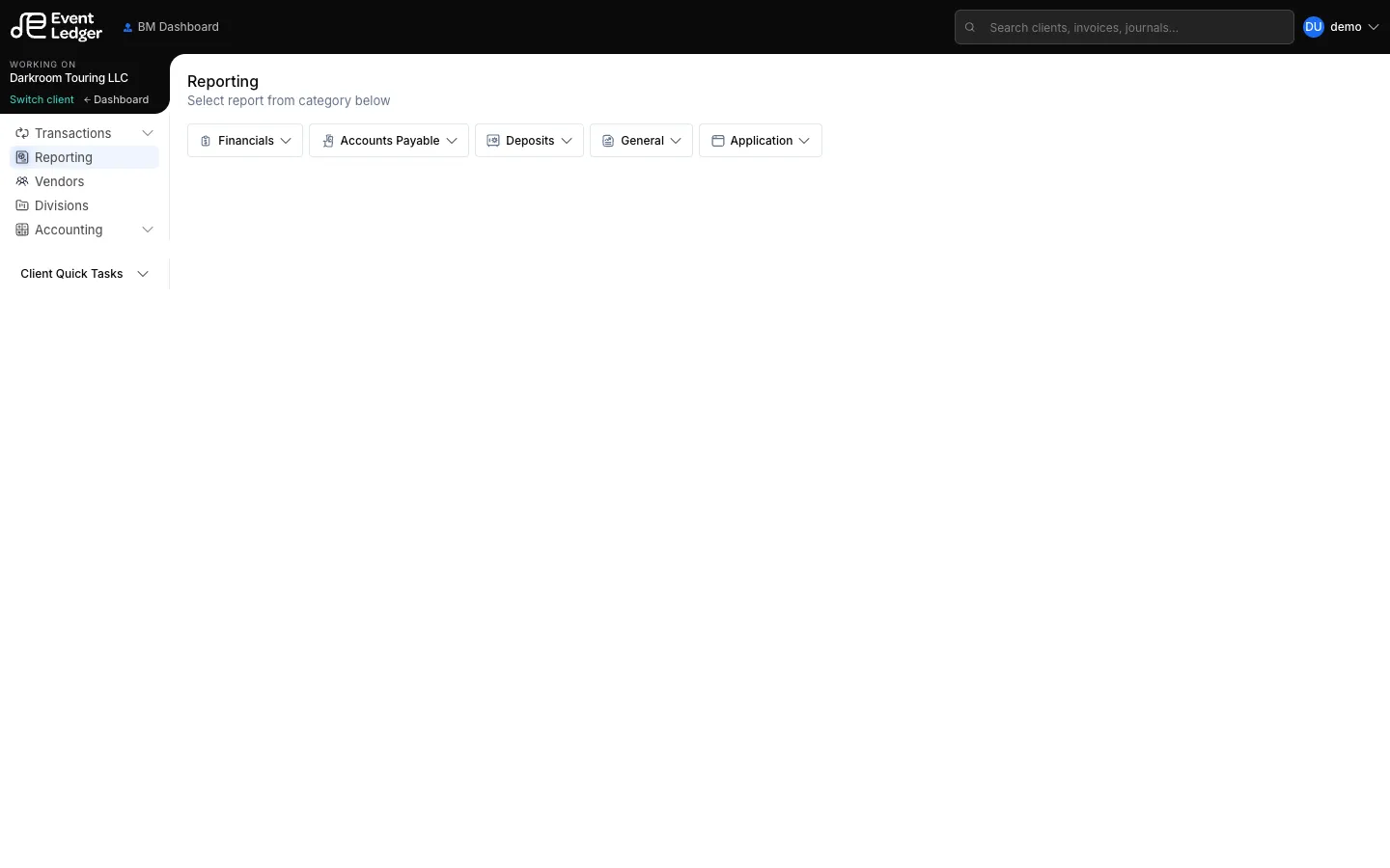 Reporting categories: Financials, AP, Deposits, General, Application