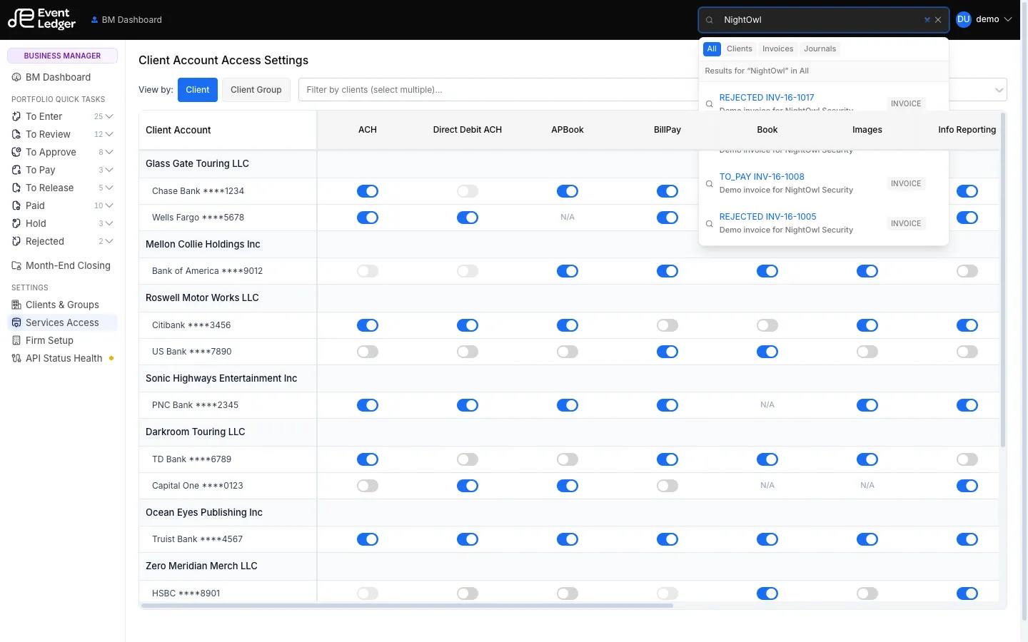 Top-bar search for NightOwl showing matching invoices
