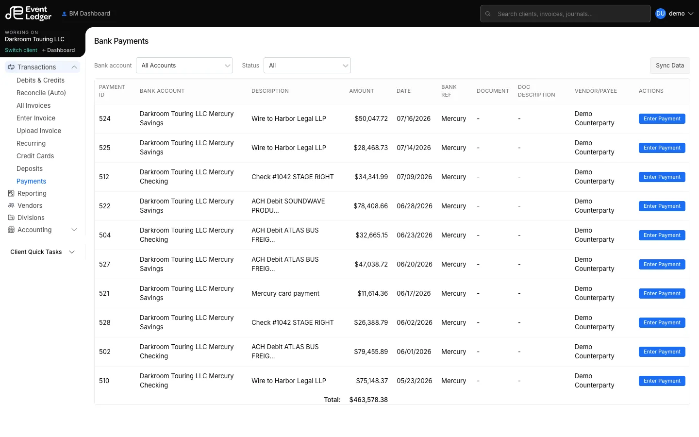 Bank Payments for Darkroom Touring LLC
