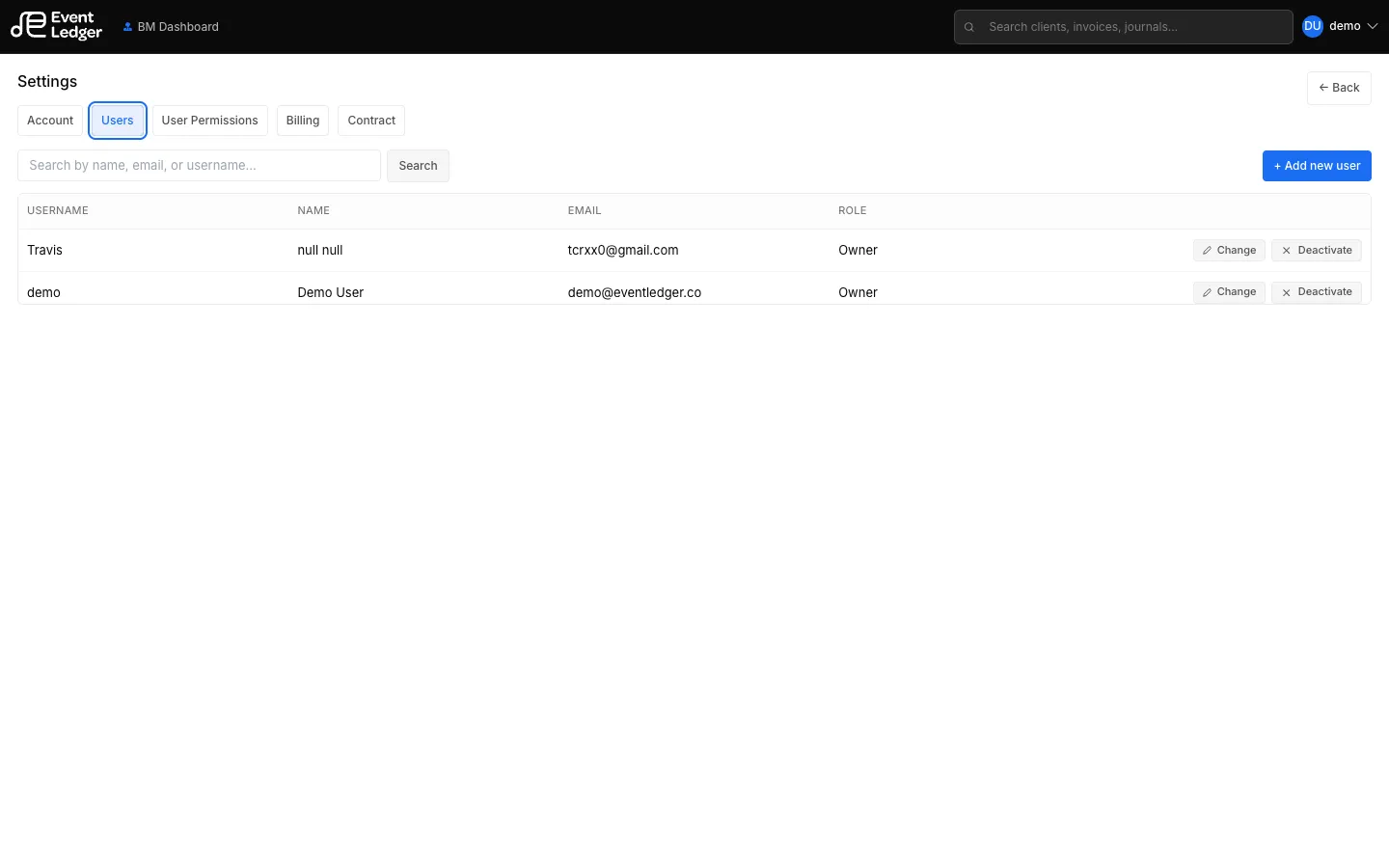 Settings Users tab with Travis and demo