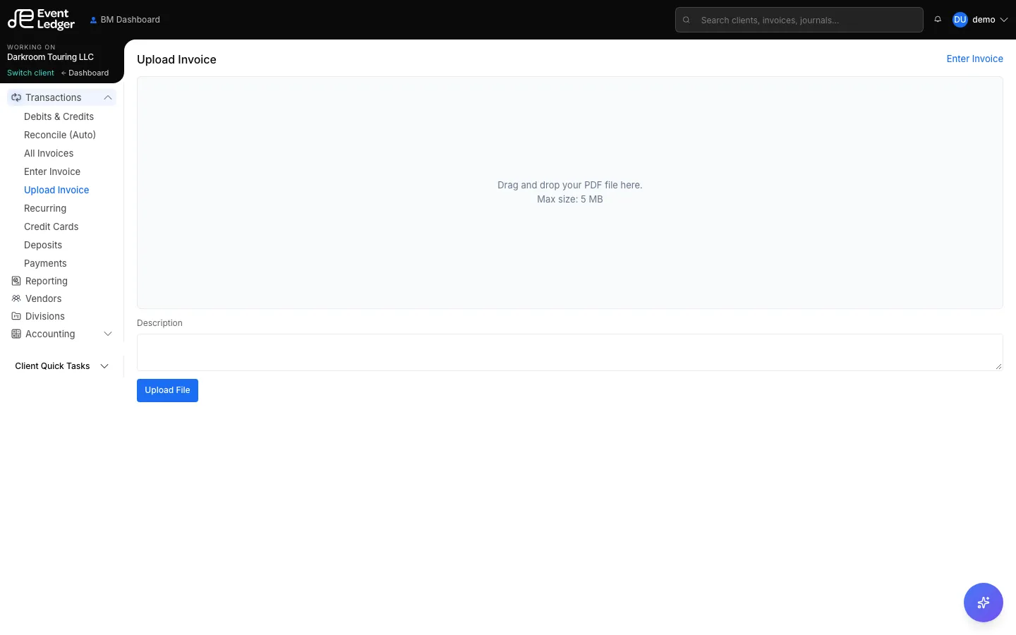 Upload Invoice drop zone for a PDF