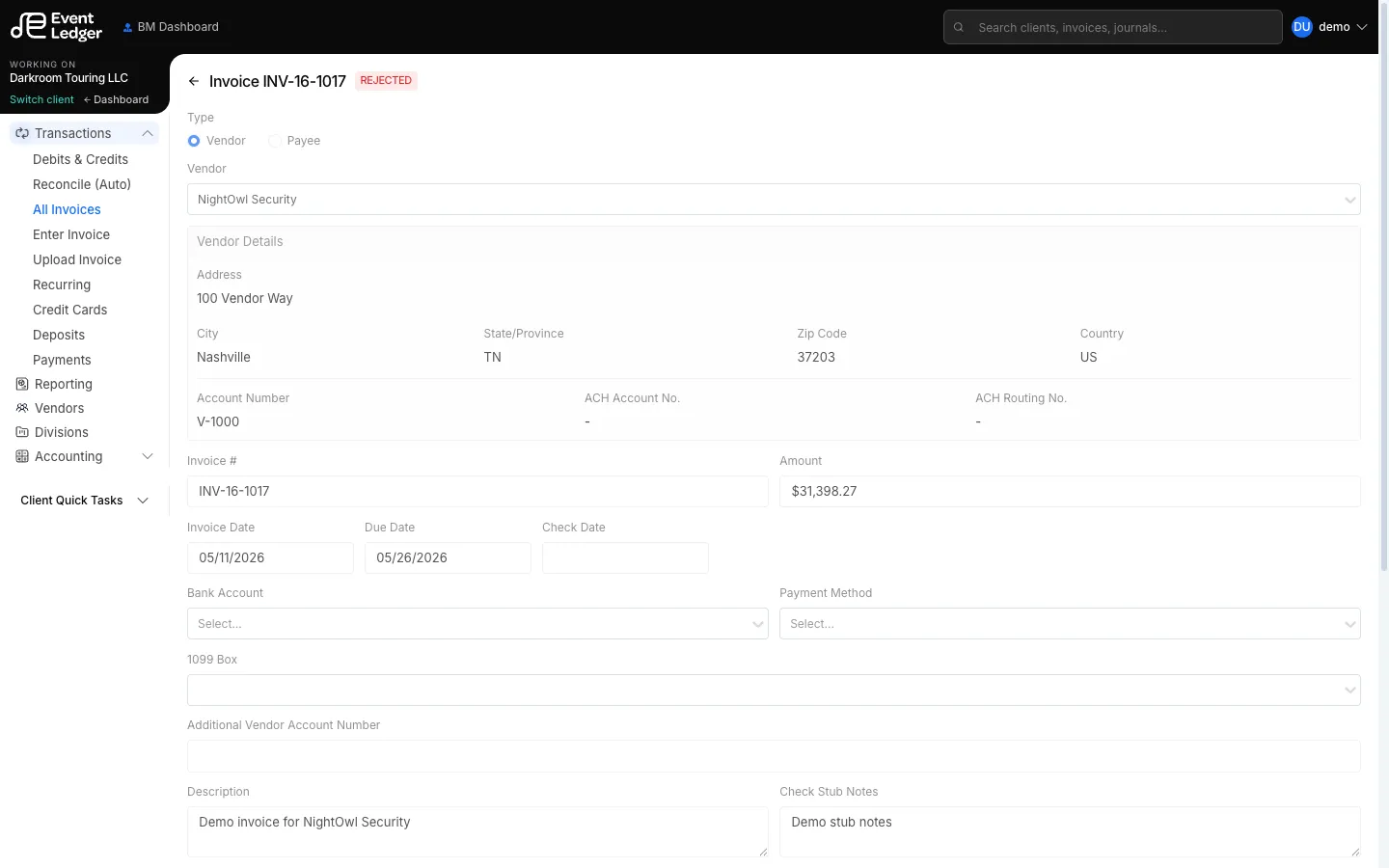 Invoice detail for a rejected NightOwl Security bill