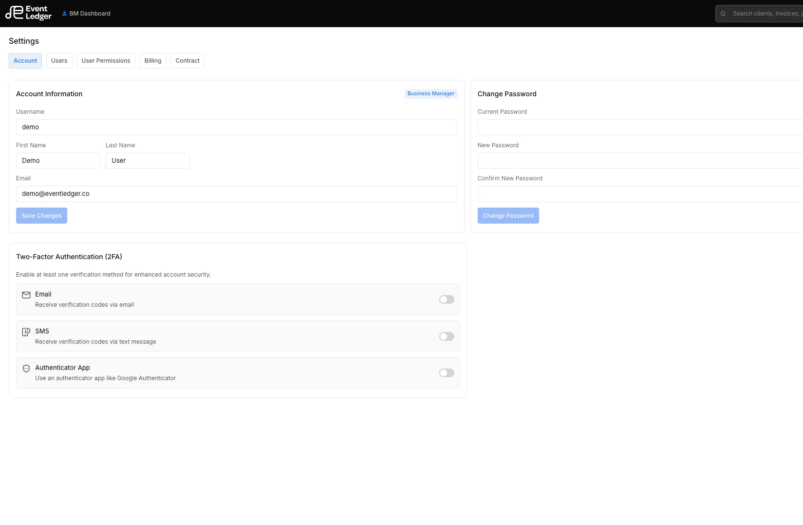 Authenticator setup in Settings with Email, SMS, and Authenticator App