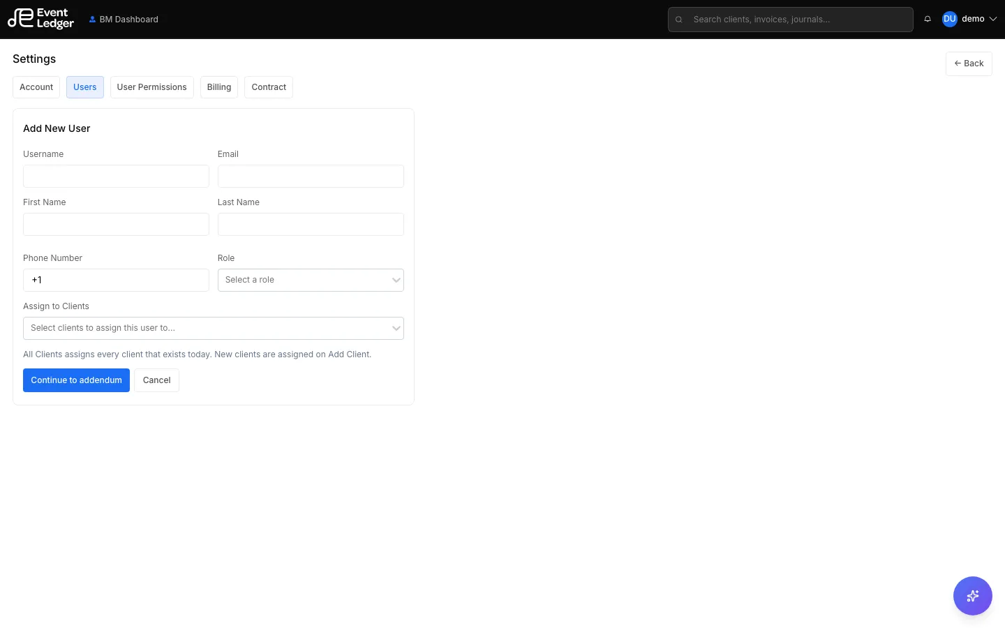 Add New User form with Continue to addendum