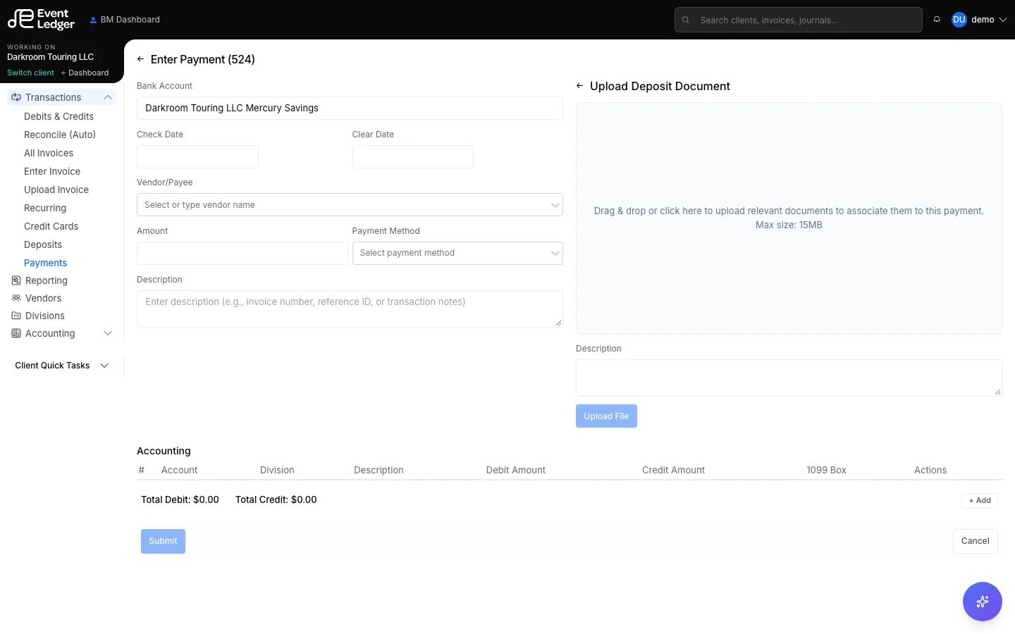 Enter Payment form with vendor, GL lines, and remittance upload