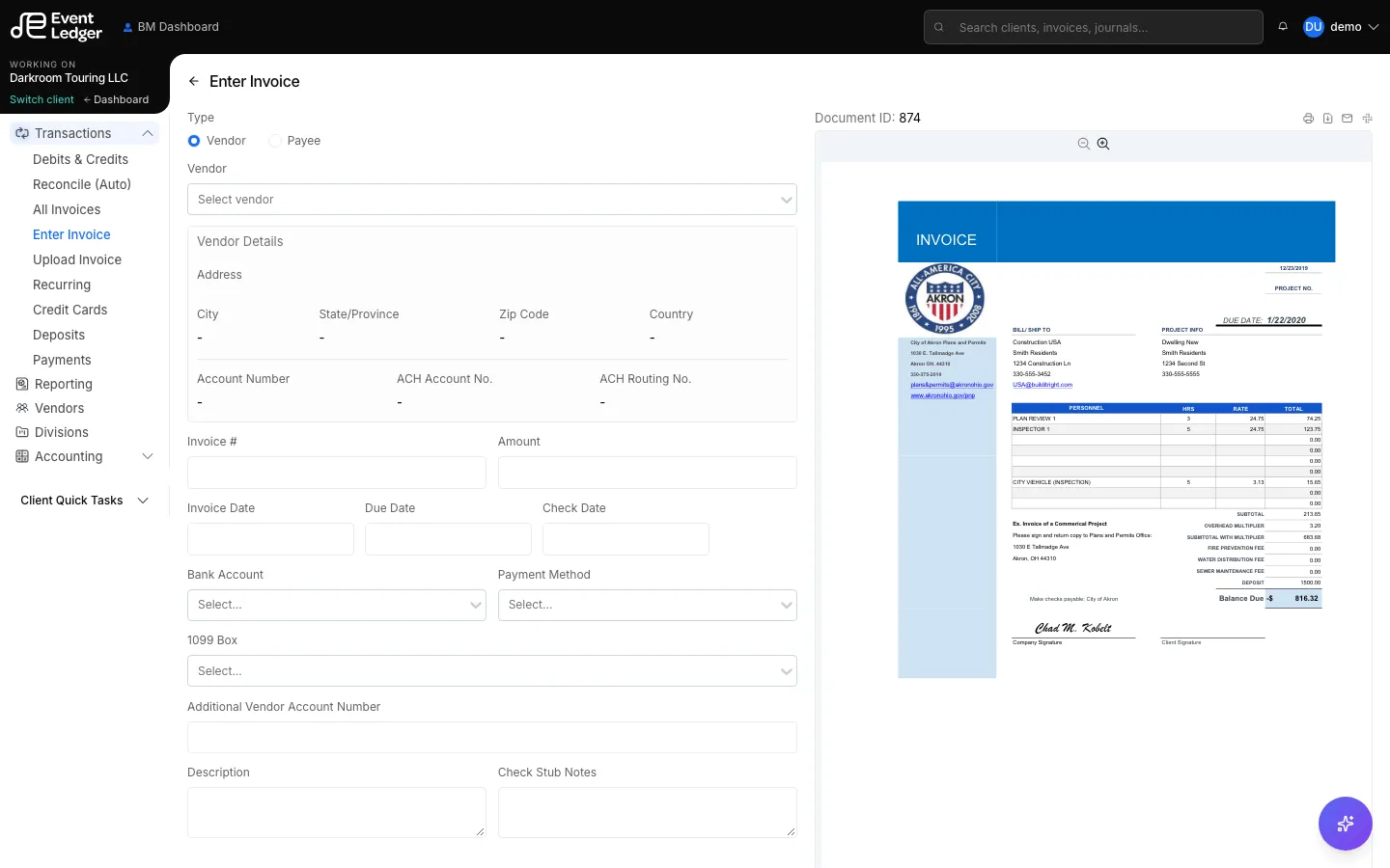 Enter Invoice form next to the uploaded PDF