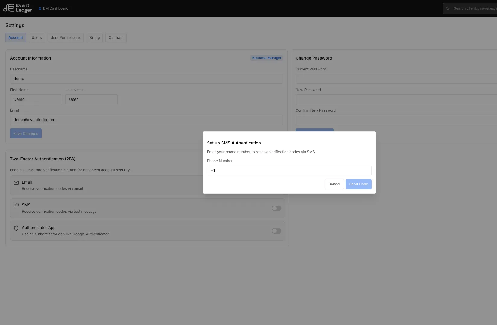 SMS setup asking for a phone number