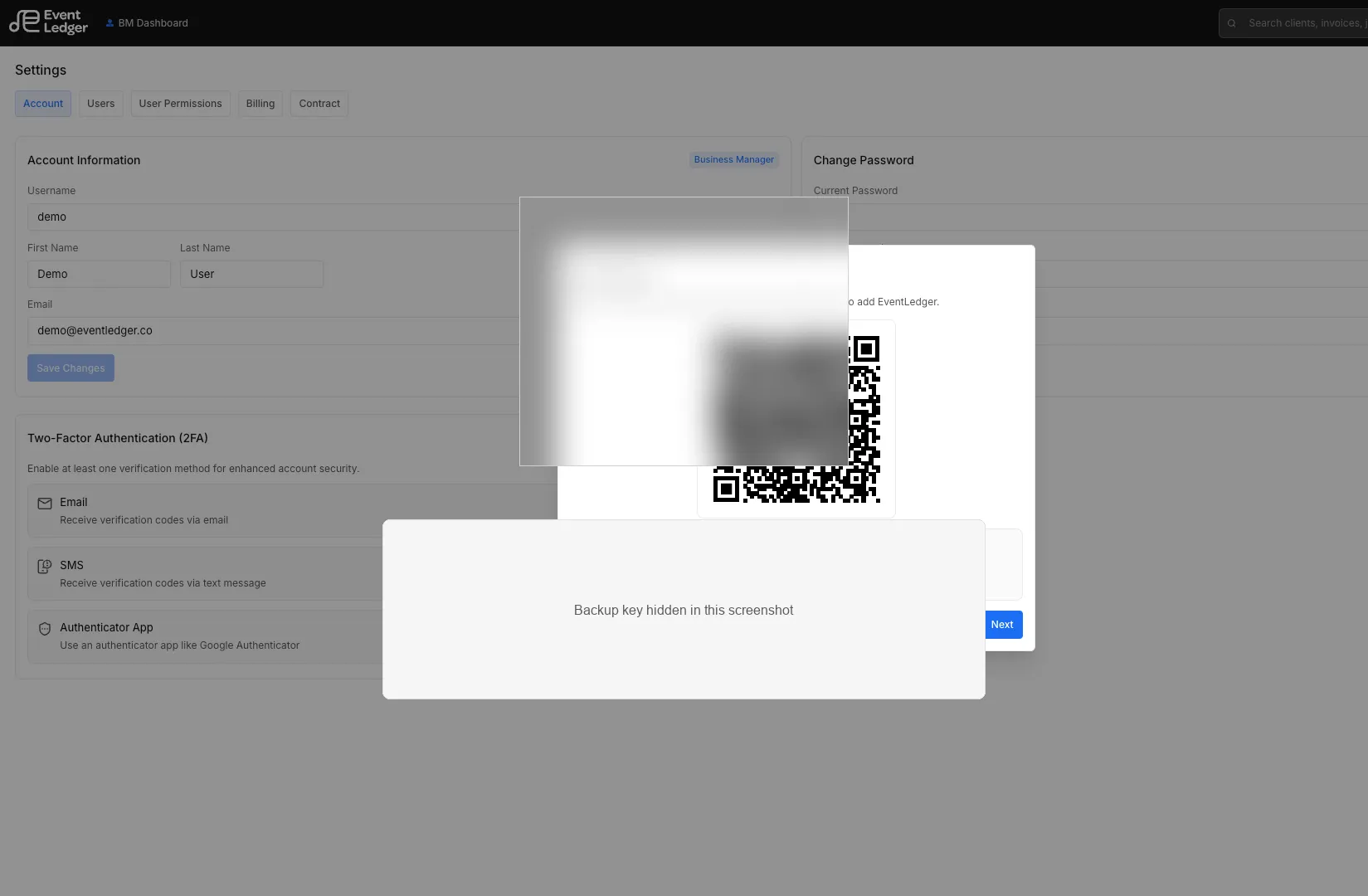 QR code and backup key for adding EventLedger in Google Authenticator