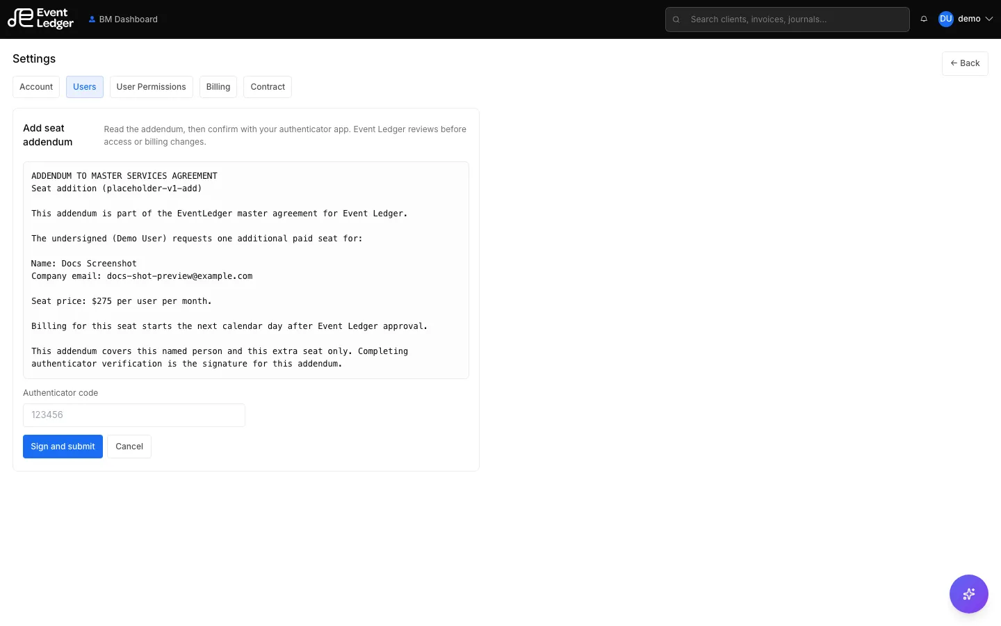 Add seat addendum text and authenticator code field