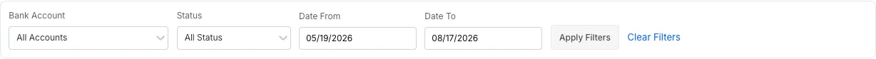 Bank Account, Status, and date filters with Apply Filters
