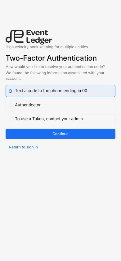 Login two-factor picker with SMS, Authenticator, and Token