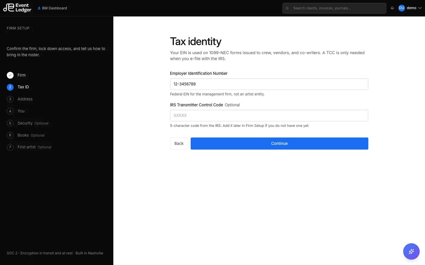 Tax identity with EIN and optional TCC
