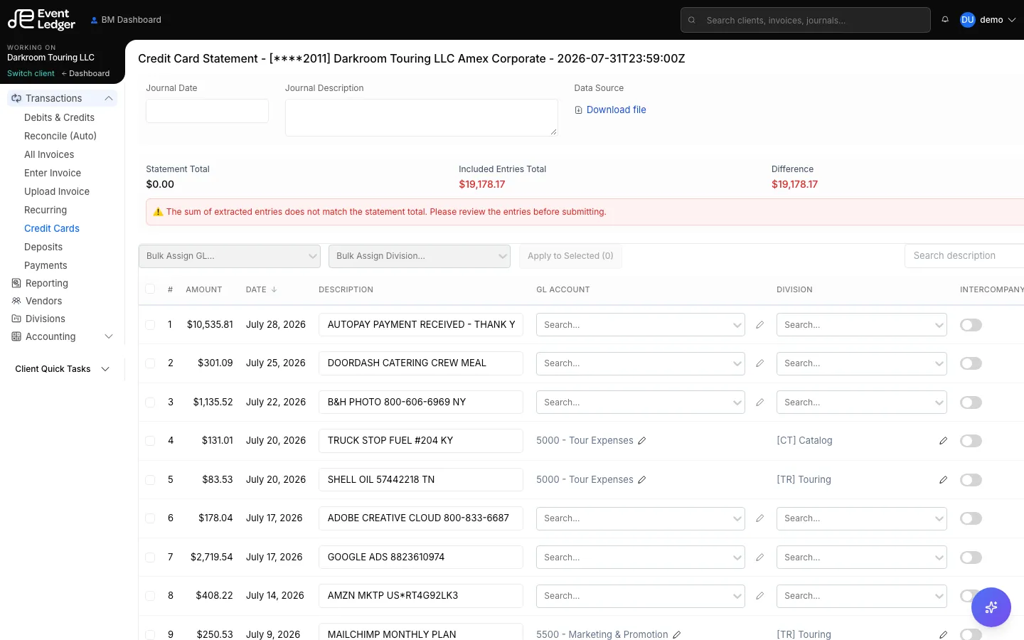 Credit card statement lines with GL and division coding