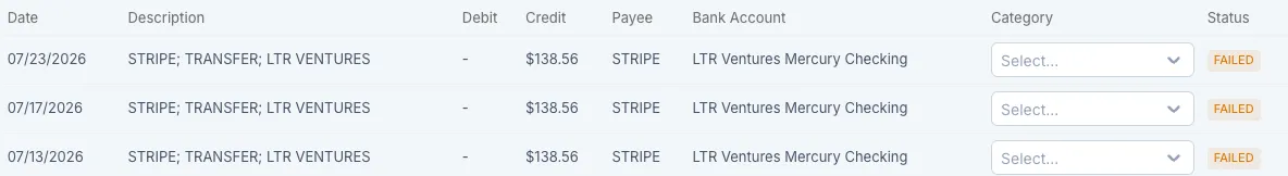 Bank feed table with date, description, amounts, payee, account, category, and status
